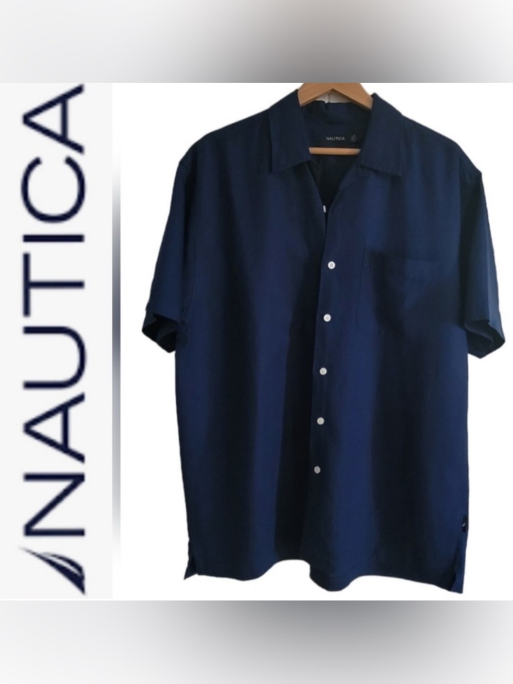 Men’s L Linen Short Sleeve Navy Button Down Shirt